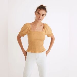 NWT Madewell Lucie Puff-Sleeve Smocked Bodice Top Women's Earthen Gold - Medium